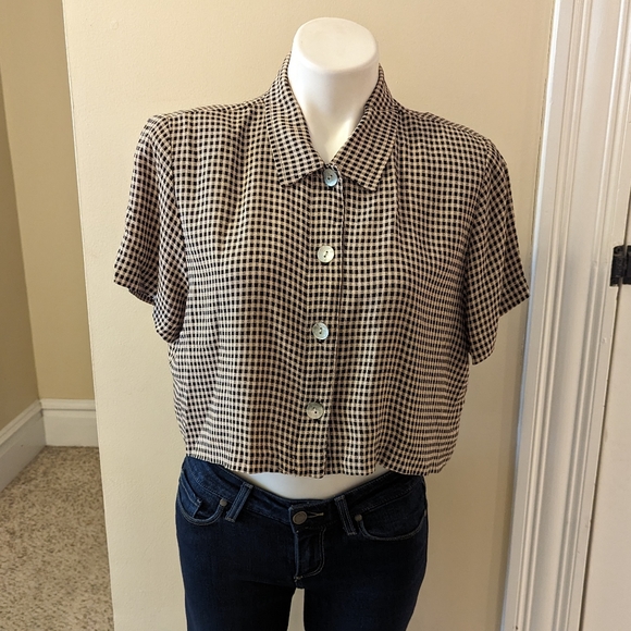Vintage Tops - Vintage Bentley cream and black plaid slightly cropped button down size M